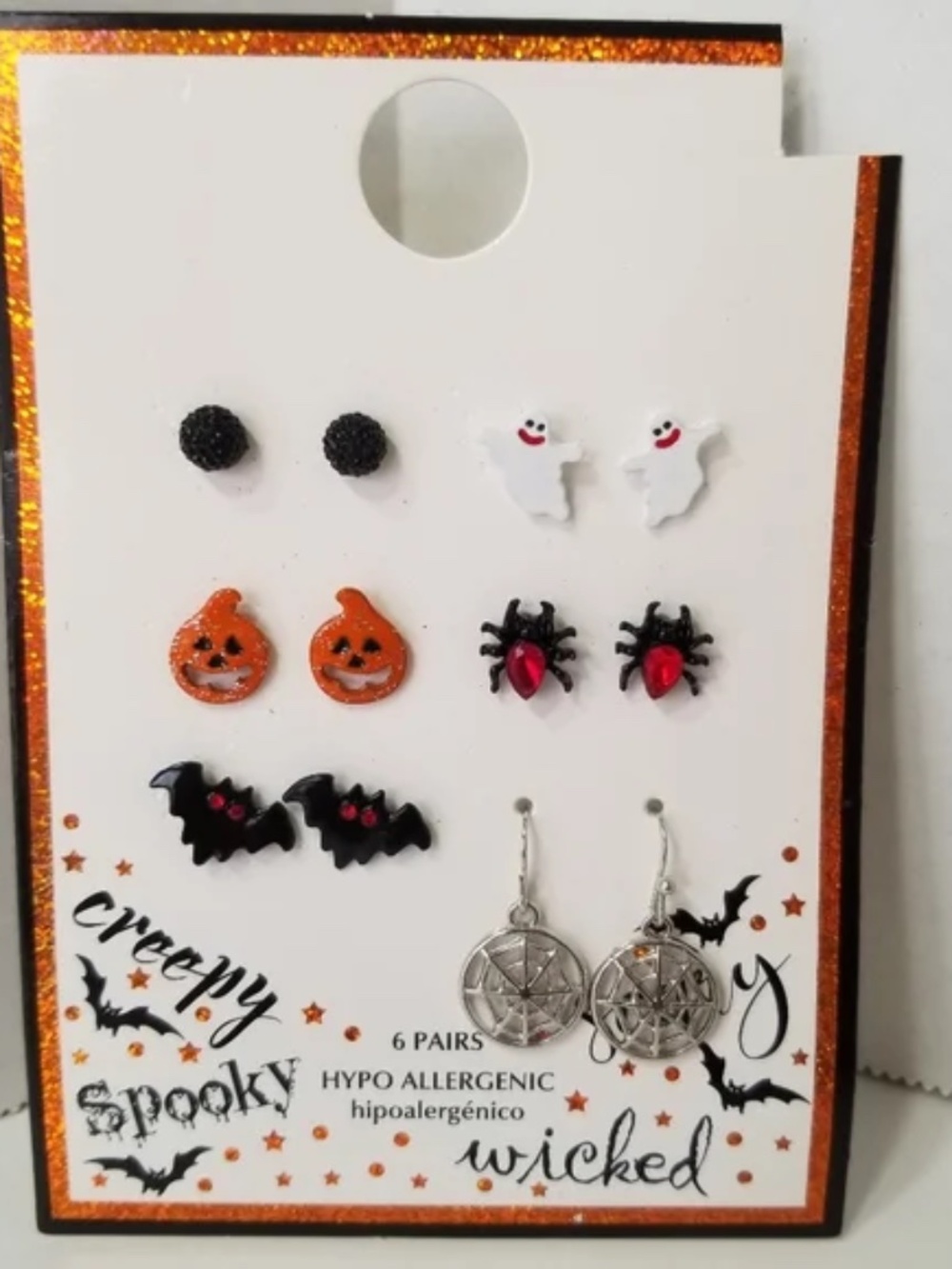 New! Halloween Earrings 6 Pairs Hypo Allergenic Pumpkin Ghost Spider Bat Age 12+